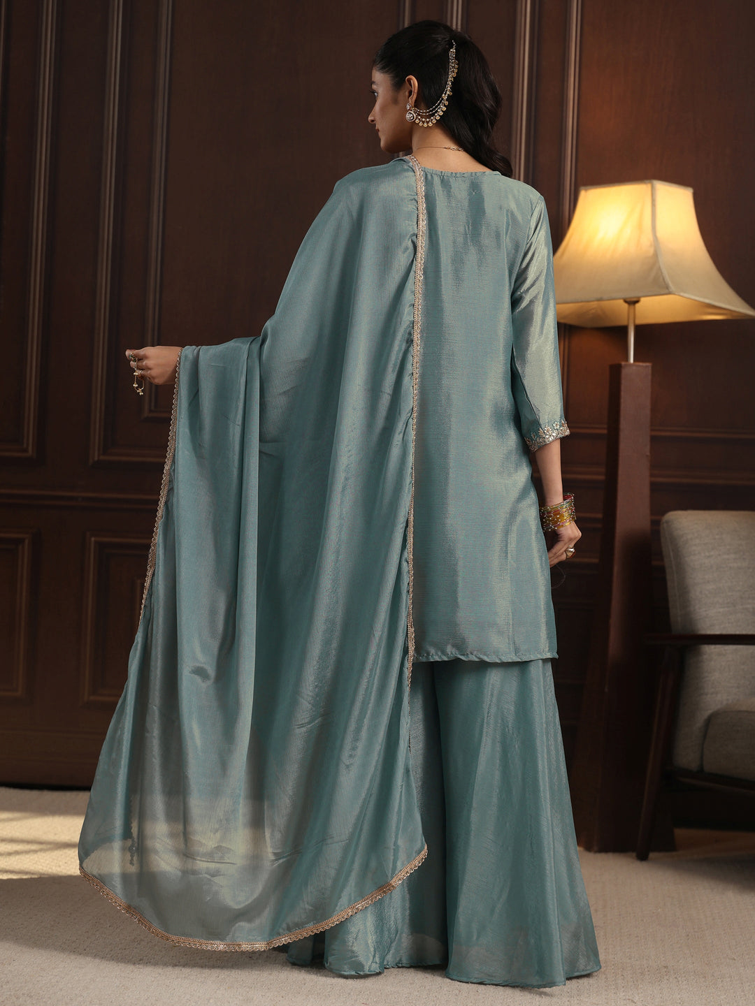  Libas  Blue Floral Embroidered Chinon Sharara Suit Set 