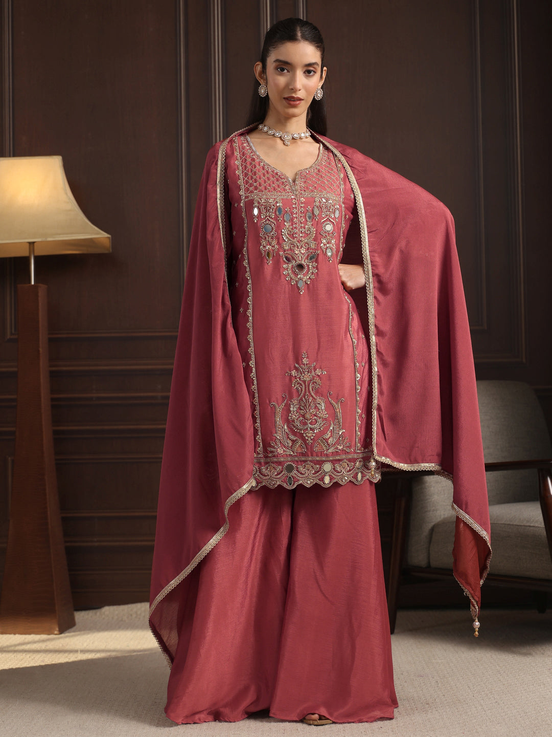  Libas Pink Floral Embroidered Chinon Sharara Suit Set 