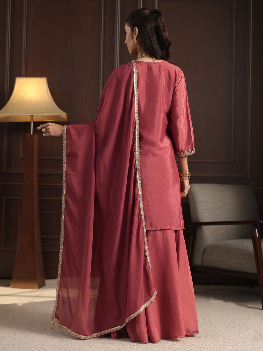  Libas Pink Floral Embroidered Chinon Sharara Suit Set 