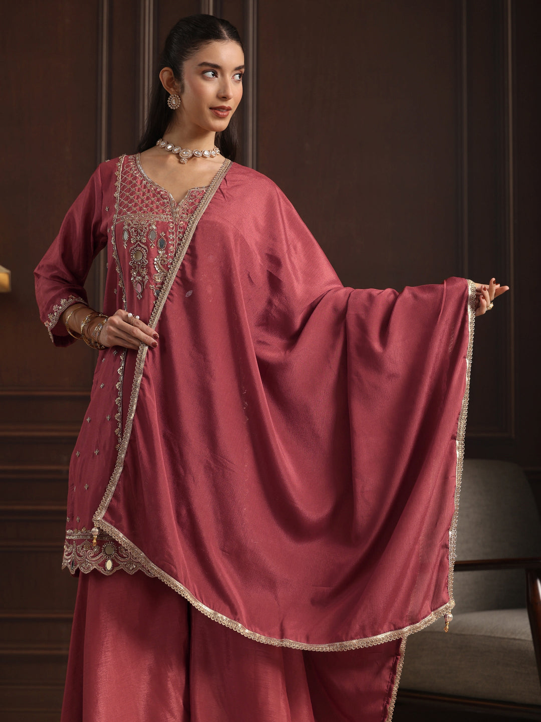  Libas Pink Floral Embroidered Chinon Sharara Suit Set 