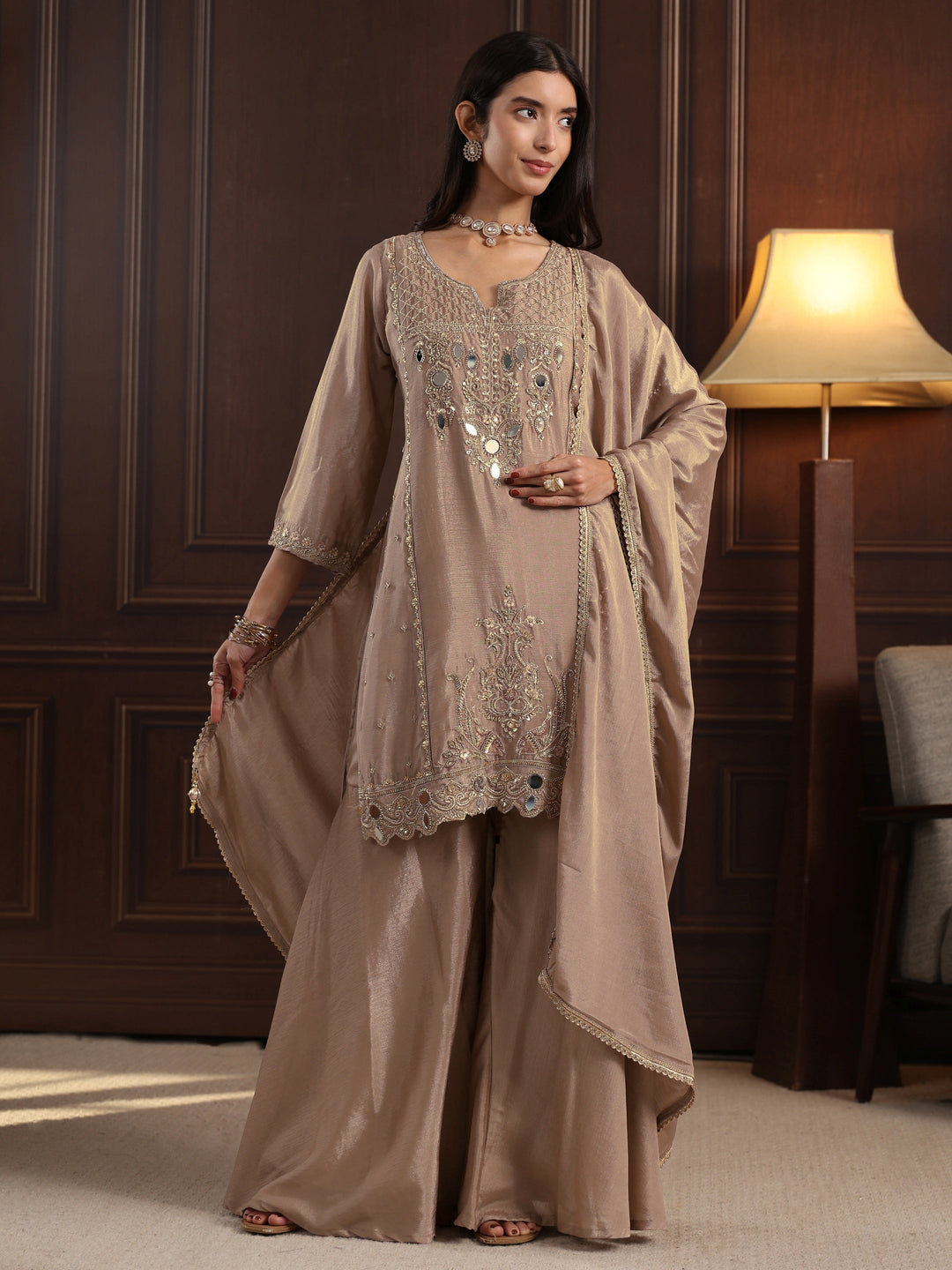  Libas Beige Floral Embroidered Chinon Sharara Suit Set 