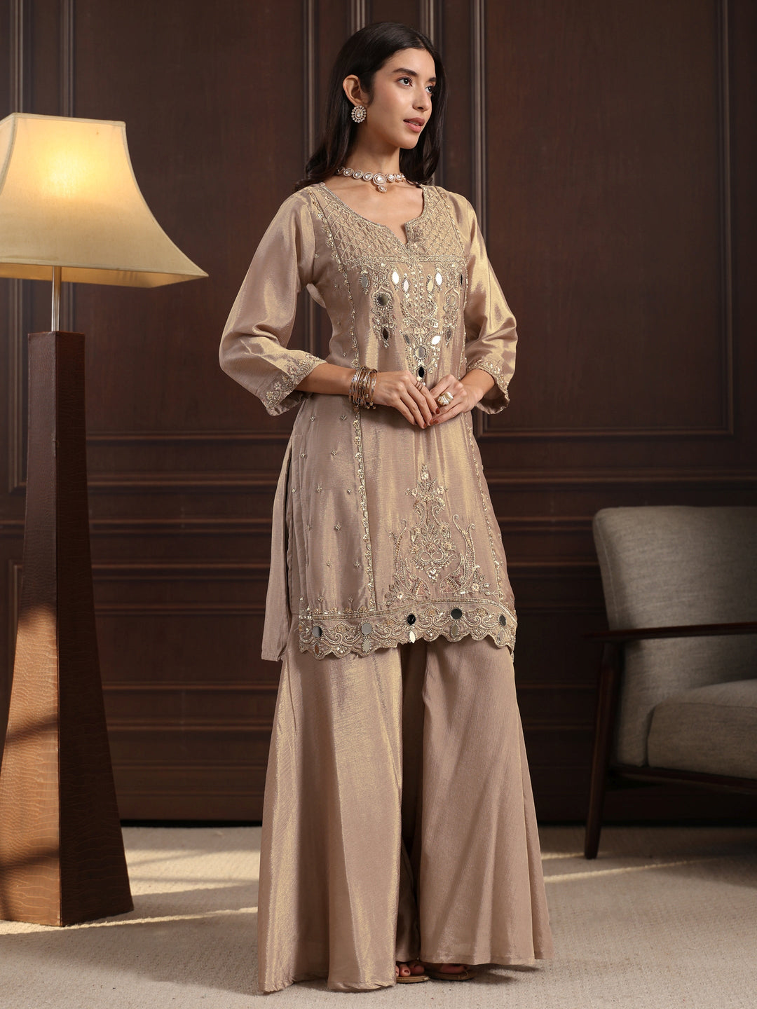  Libas Beige Floral Embroidered Chinon Sharara Suit Set 