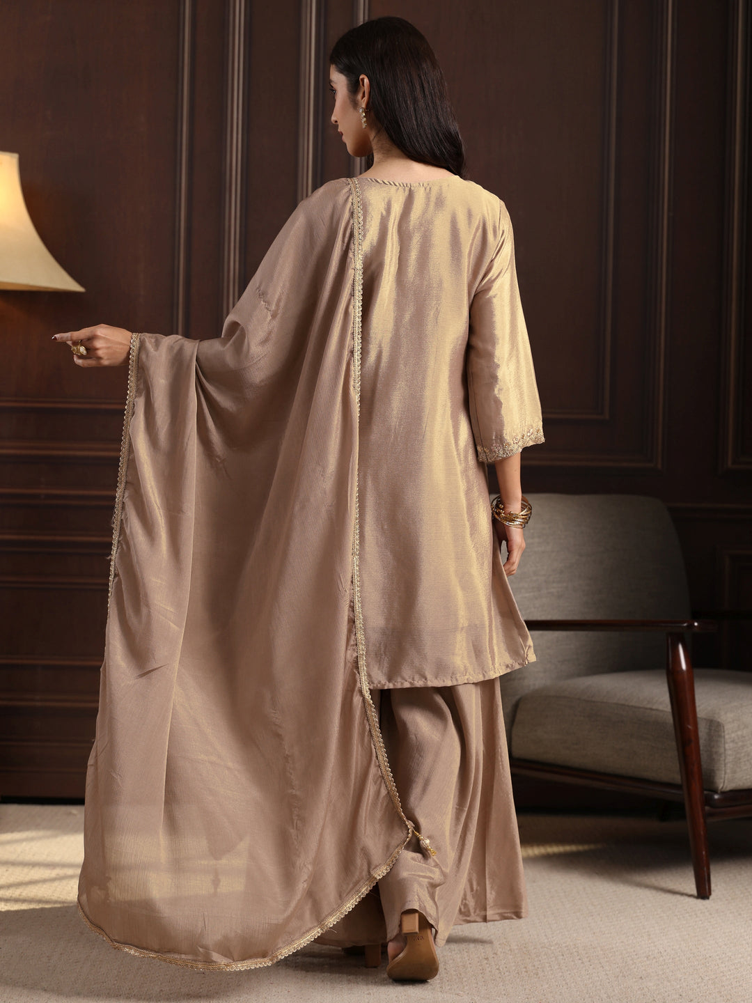  Libas Beige Floral Embroidered Chinon Sharara Suit Set 