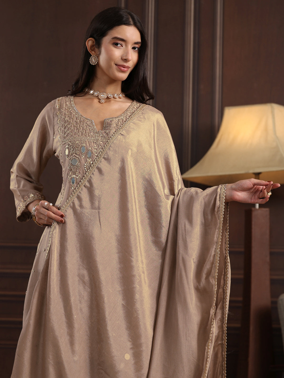  Libas Beige Floral Embroidered Chinon Sharara Suit Set 