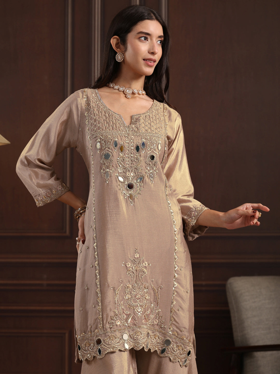  Libas Beige Floral Embroidered Chinon Sharara Suit Set 