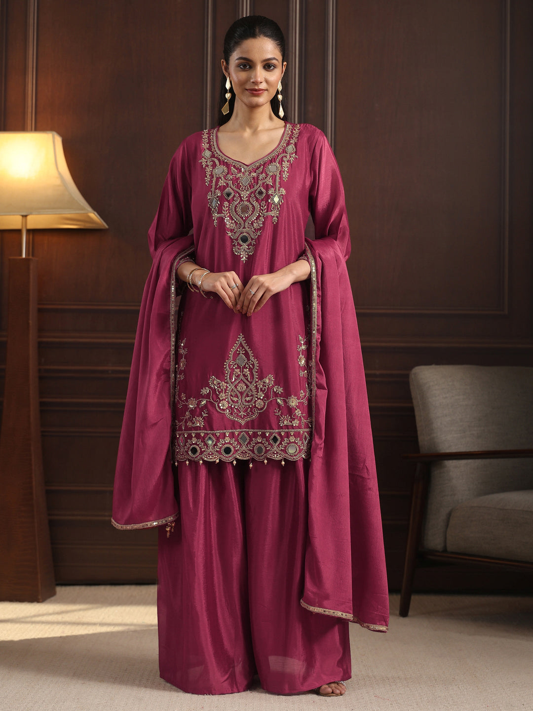  Libas Art Magenta Mirror Work Embellished Chinon Palazzo Suit Set 