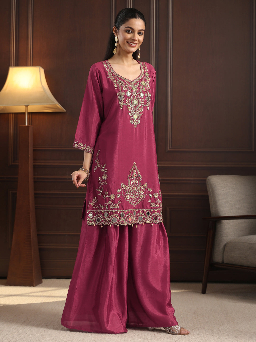  Libas Art Magenta Mirror Work Embellished Chinon Palazzo Suit Set 