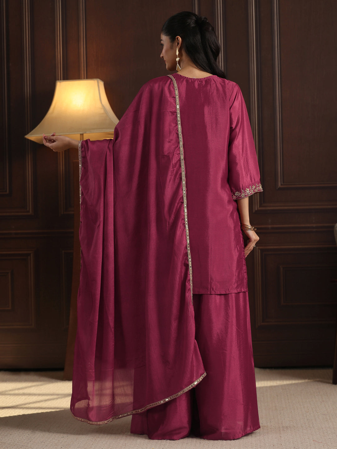  Libas Art Magenta Mirror Work Embellished Chinon Palazzo Suit Set 