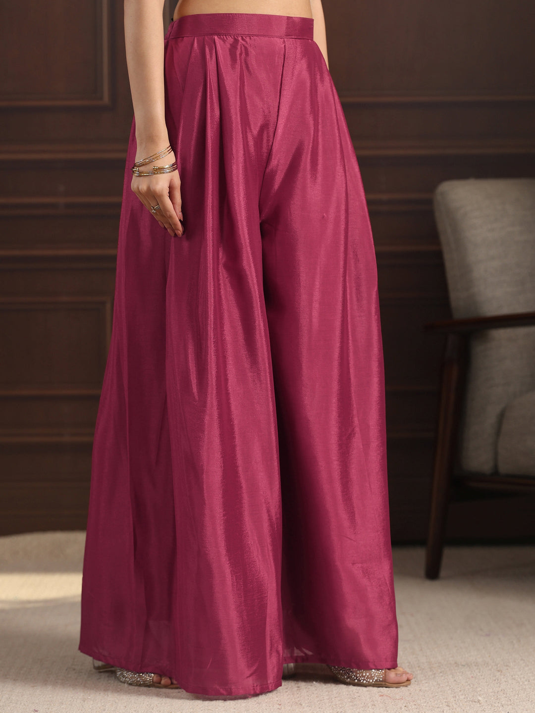  Libas Art Magenta Mirror Work Embellished Chinon Palazzo Suit Set 