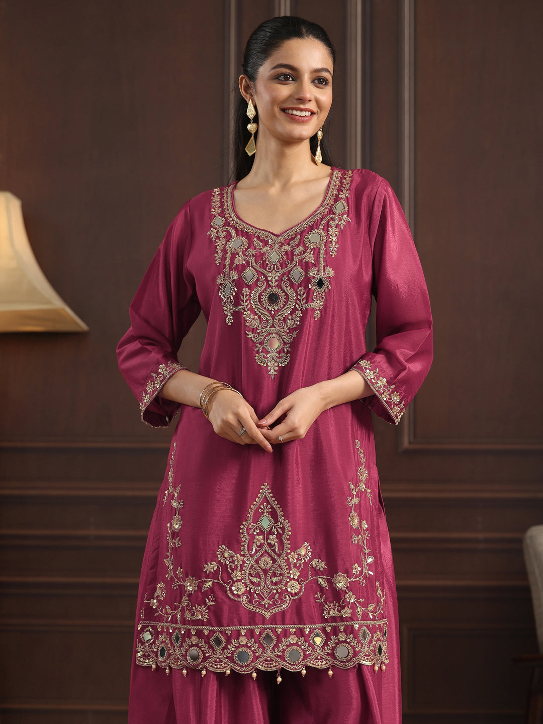  Libas Art Magenta Mirror Work Embellished Chinon Palazzo Suit Set 