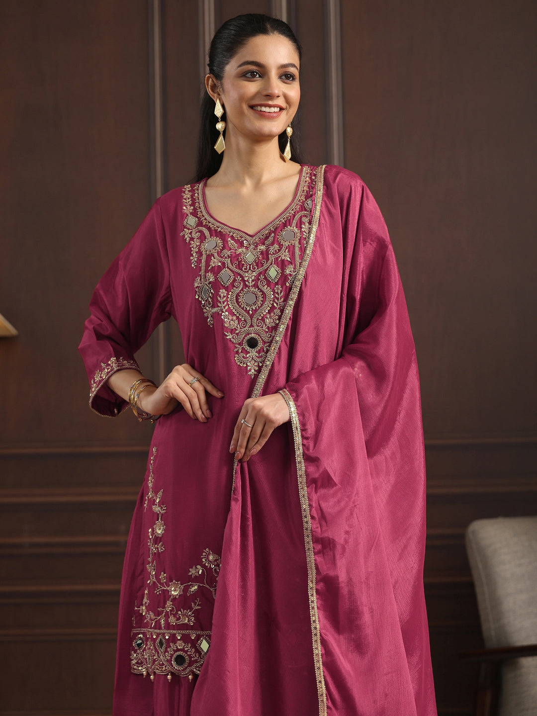  Libas Art Magenta Mirror Work Embellished Chinon Palazzo Suit Set 