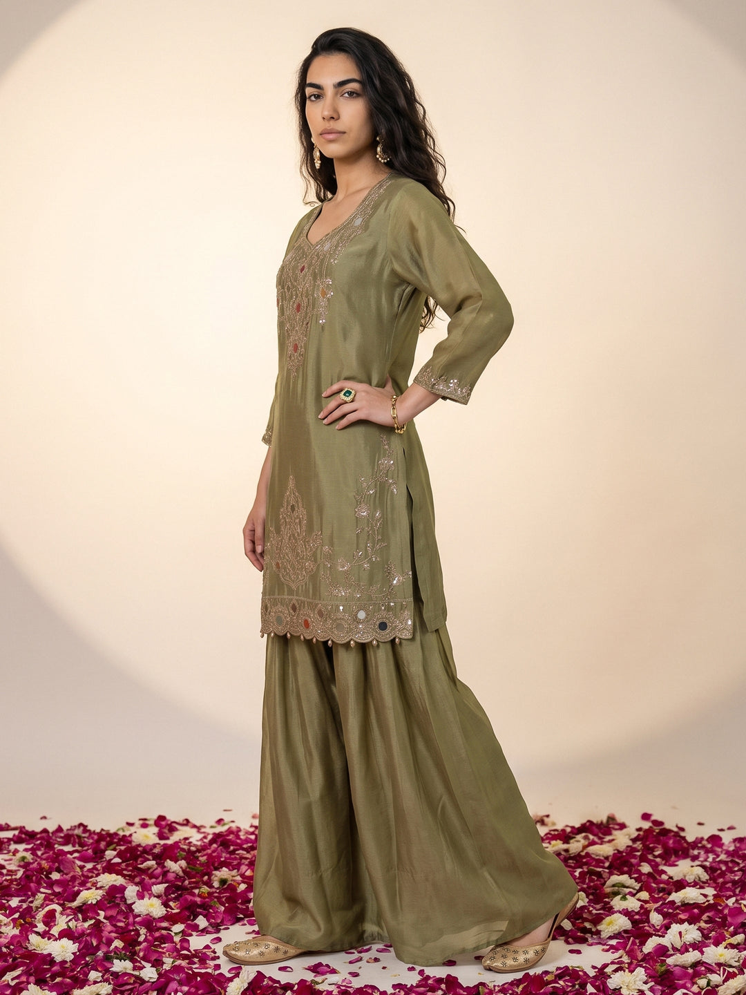  Libas Art Green Mirror Work Embellished Chinon Palazzo Suit Set 