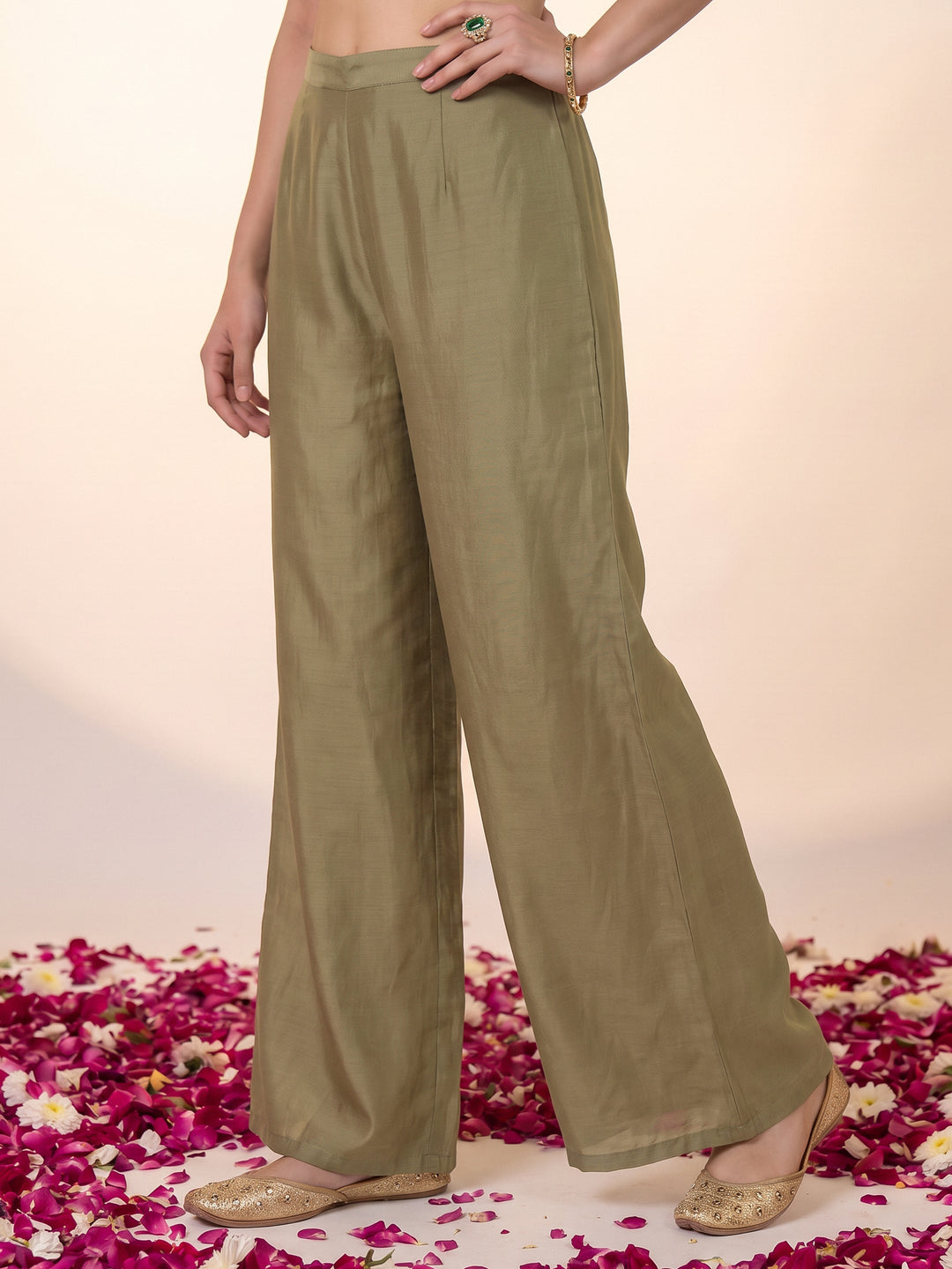  Libas Art Green Mirror Work Embellished Chinon Palazzo Suit Set 