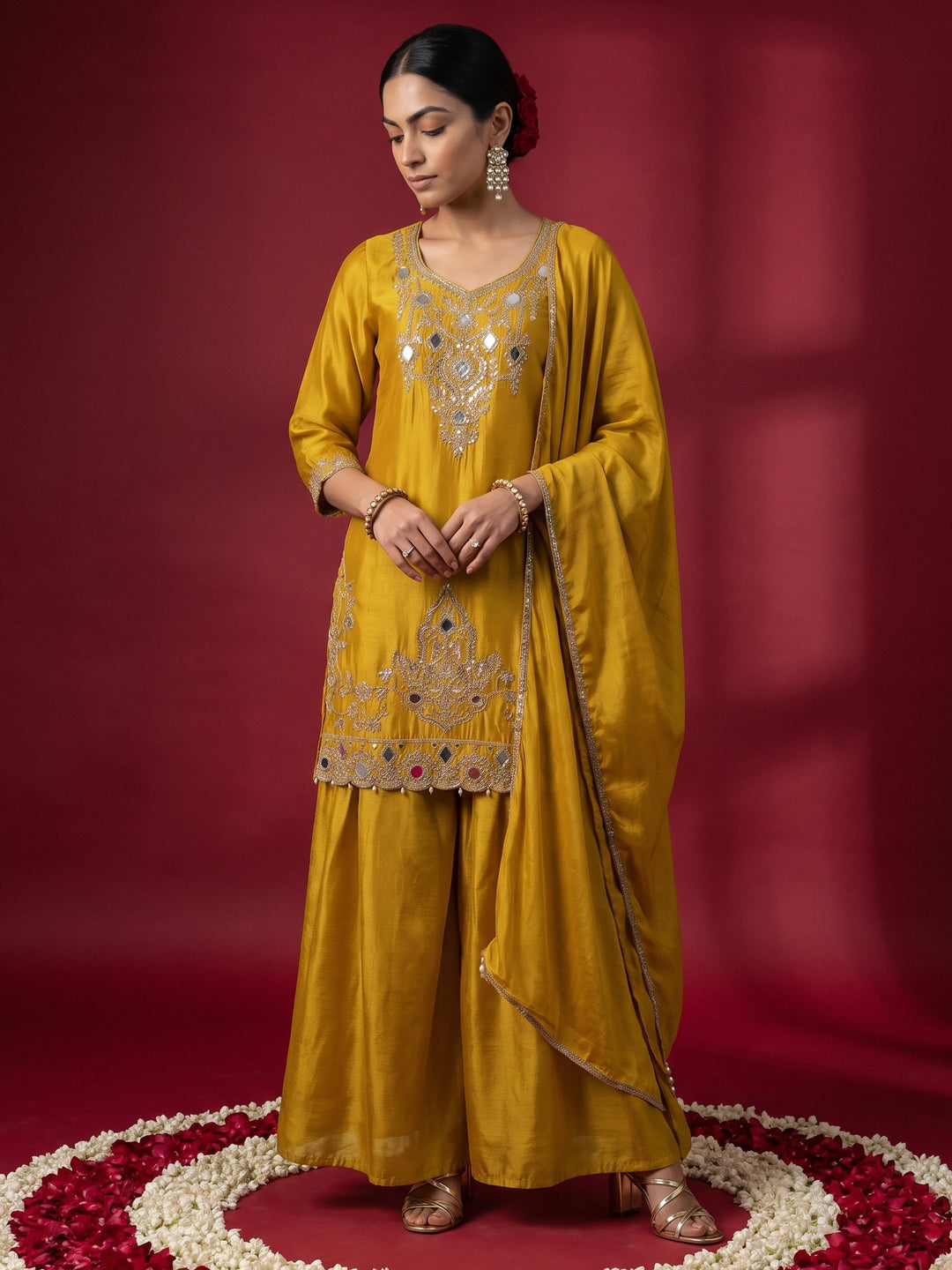  Libas Art Mustard Mirror Work Embellished Chinon Palazzo Suit Set 