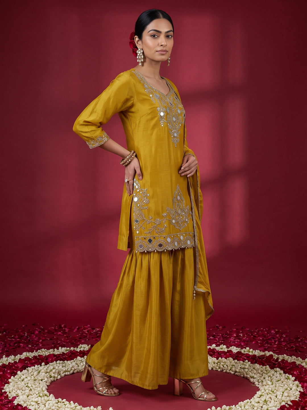  Libas Art Mustard Mirror Work Embellished Chinon Palazzo Suit Set 