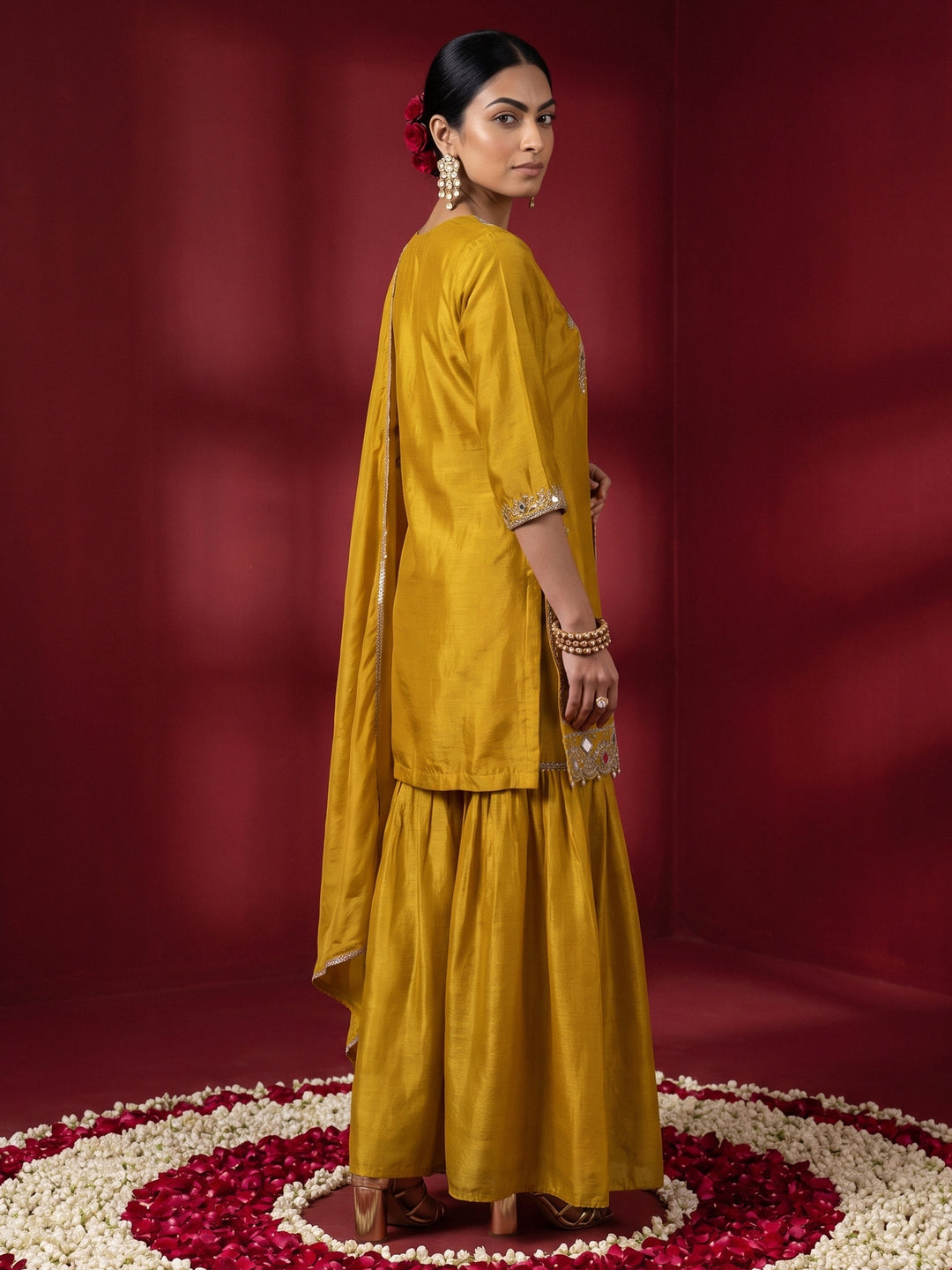  Libas Art Mustard Mirror Work Embellished Chinon Palazzo Suit Set 