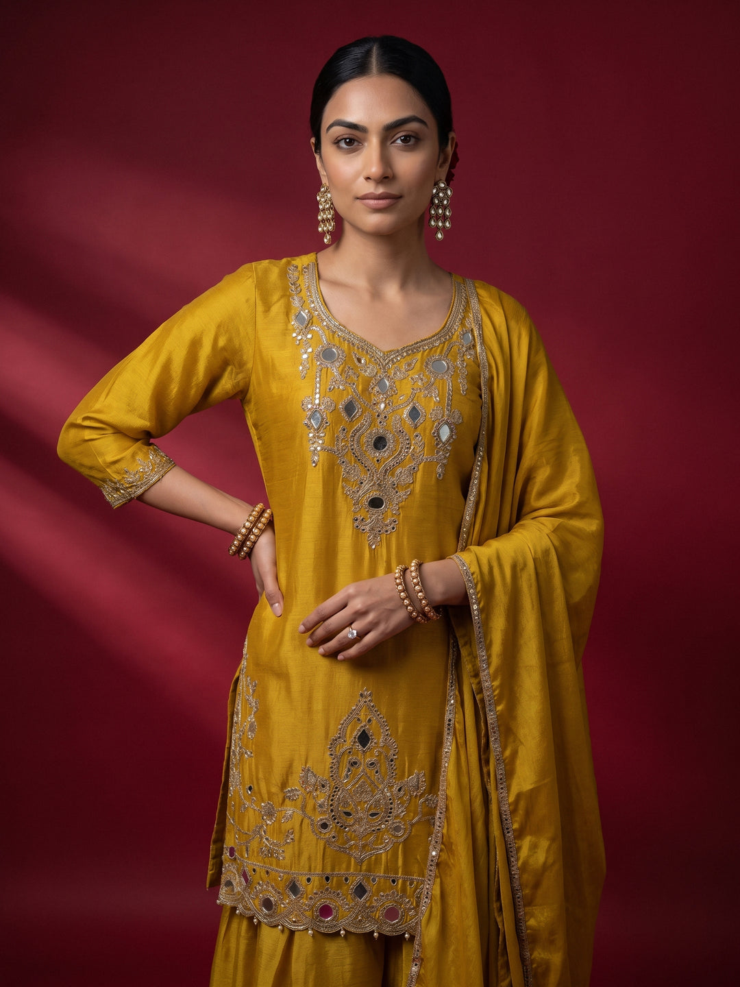  Libas Art Mustard Mirror Work Embellished Chinon Palazzo Suit Set 