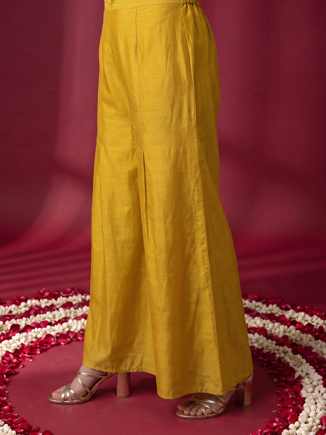 Libas Art Mustard Mirror Work Embellished Chinon Palazzo Suit Set 