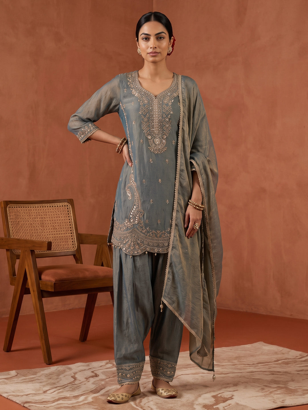  Libas Art Dusty Blue Embellished Tissue Farshi Salwar Suit Set 