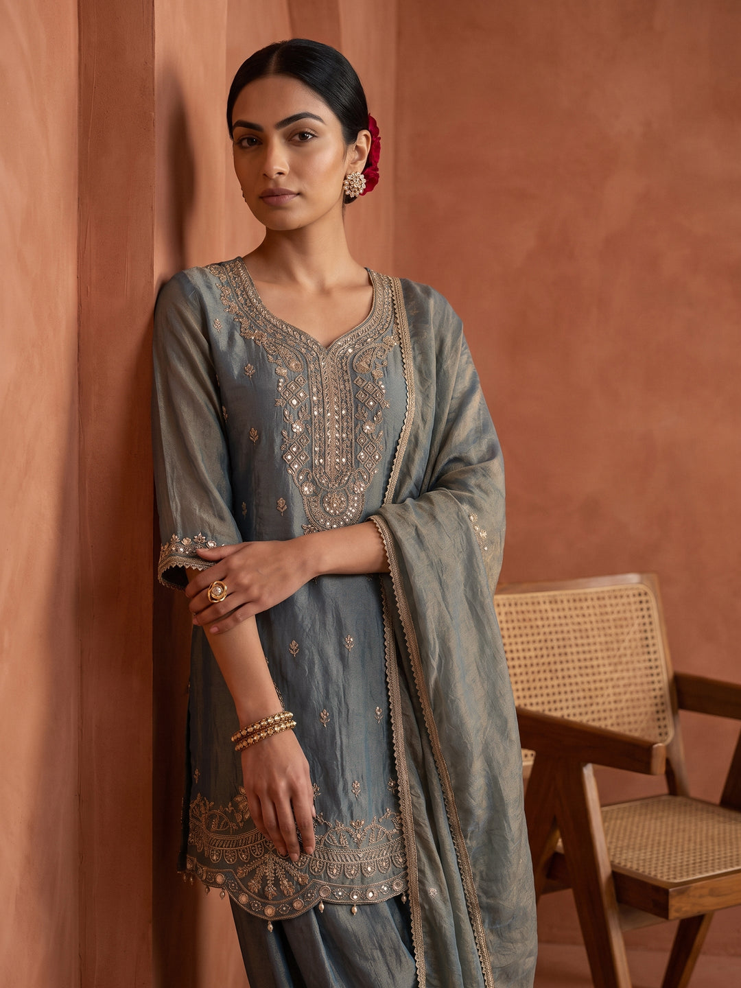  Libas Art Dusty Blue Embellished Tissue Farshi Salwar Suit Set 