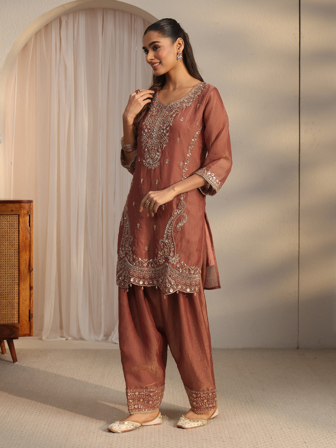  Libas Art Rust Brown Embellished Tissue Farshi Salwar Suit 