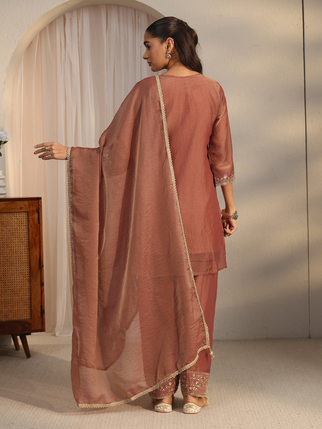  Libas Art Rust Brown Embellished Tissue Farshi Salwar Suit 