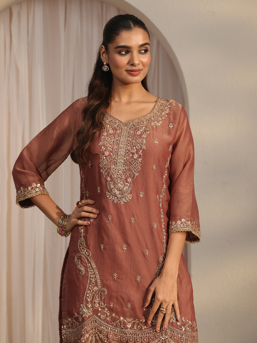  Libas Art Rust Brown Embellished Tissue Farshi Salwar Suit 