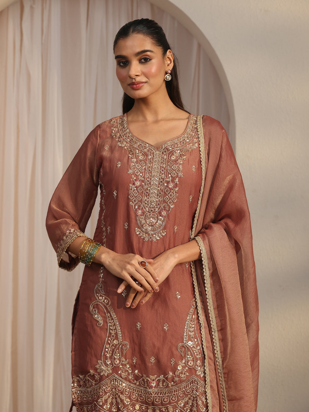  Libas Art Rust Brown Embellished Tissue Farshi Salwar Suit 