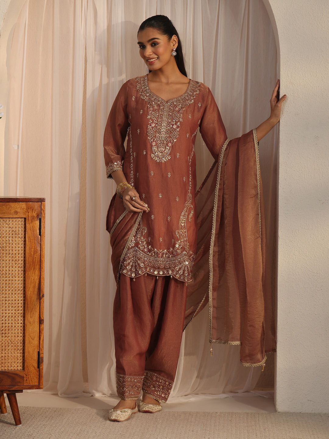 Libas Art Rust Brown Embellished Tissue Farshi Salwar Suit 