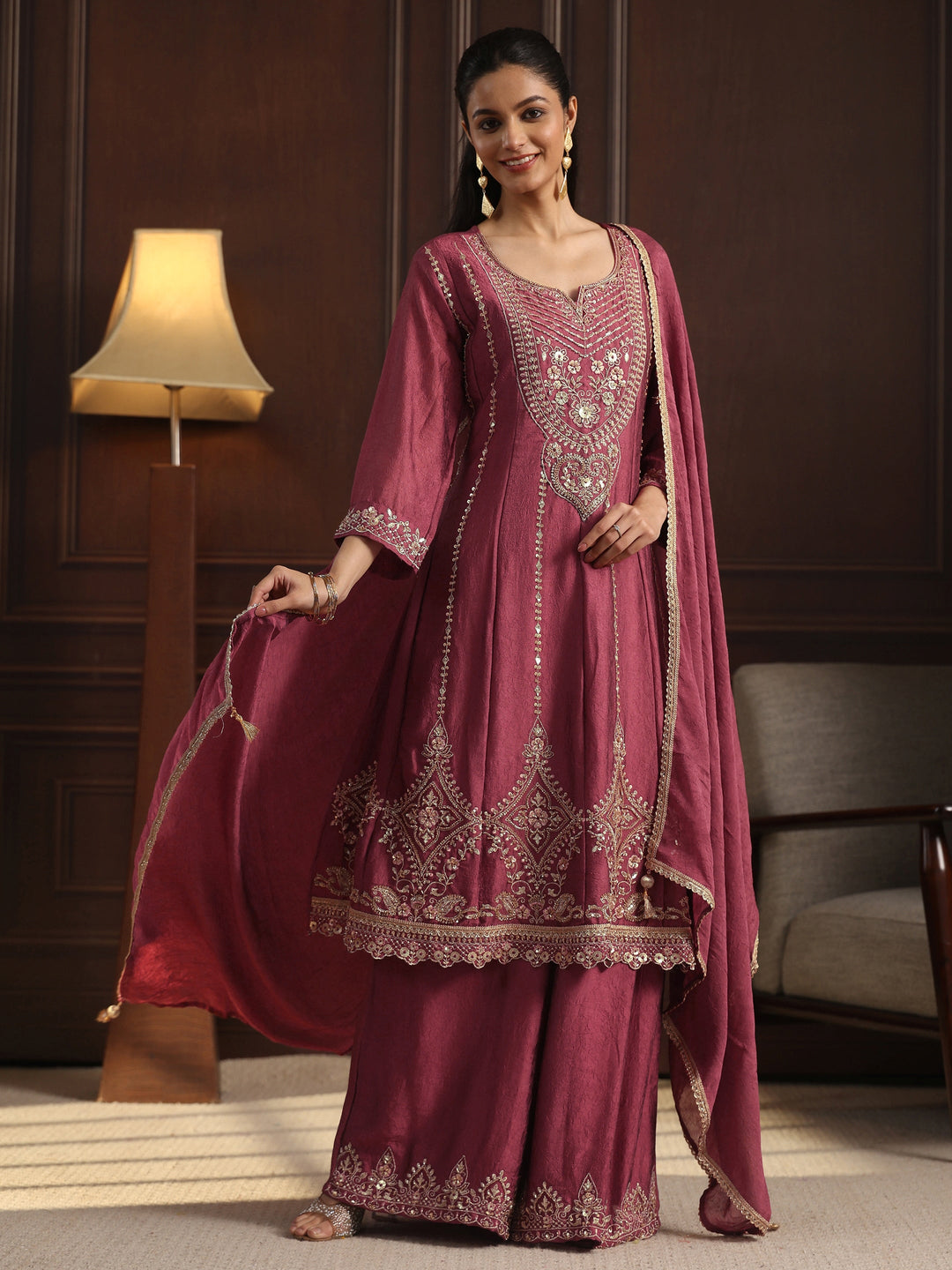  Libas Art Magenta Floral Embroidered Tissue Palazzo Suit Set 