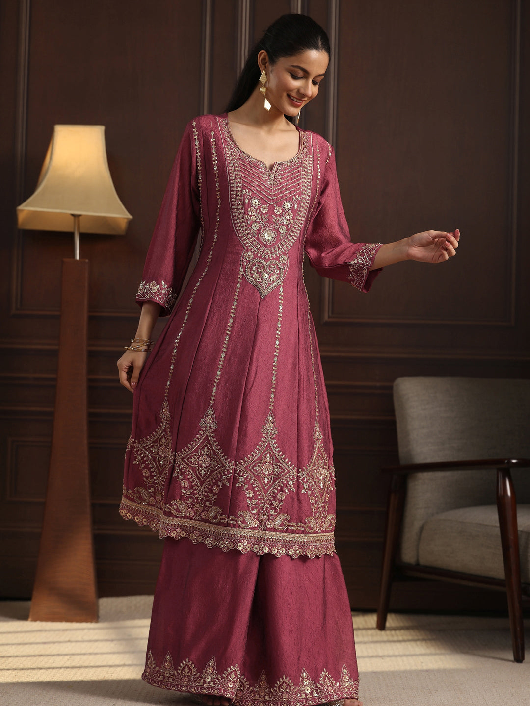  Libas Art Magenta Floral Embroidered Tissue Palazzo Suit Set 