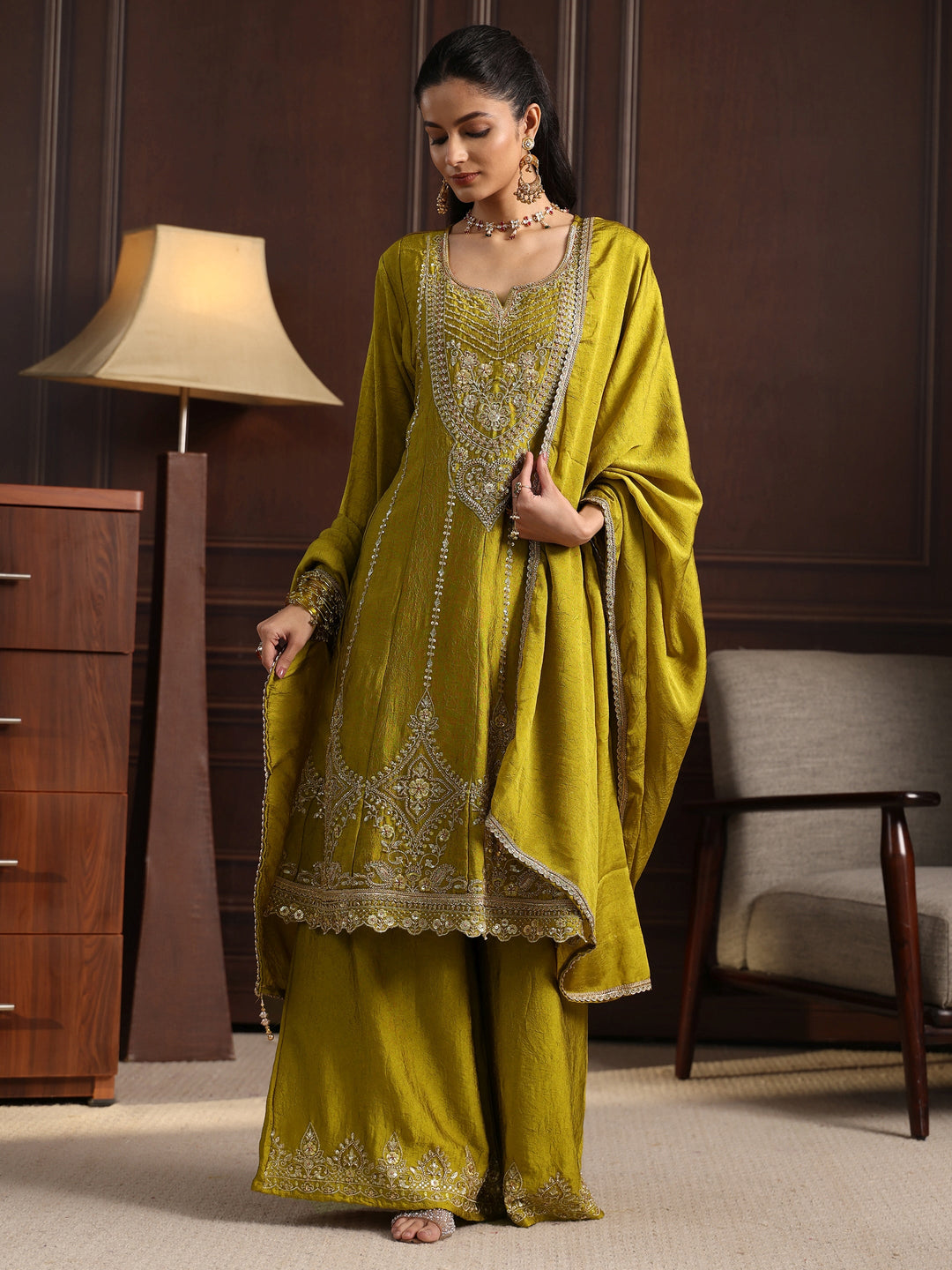  Libas Art Green Floral Embroidered Silk Blend Palazzo Suit Set 