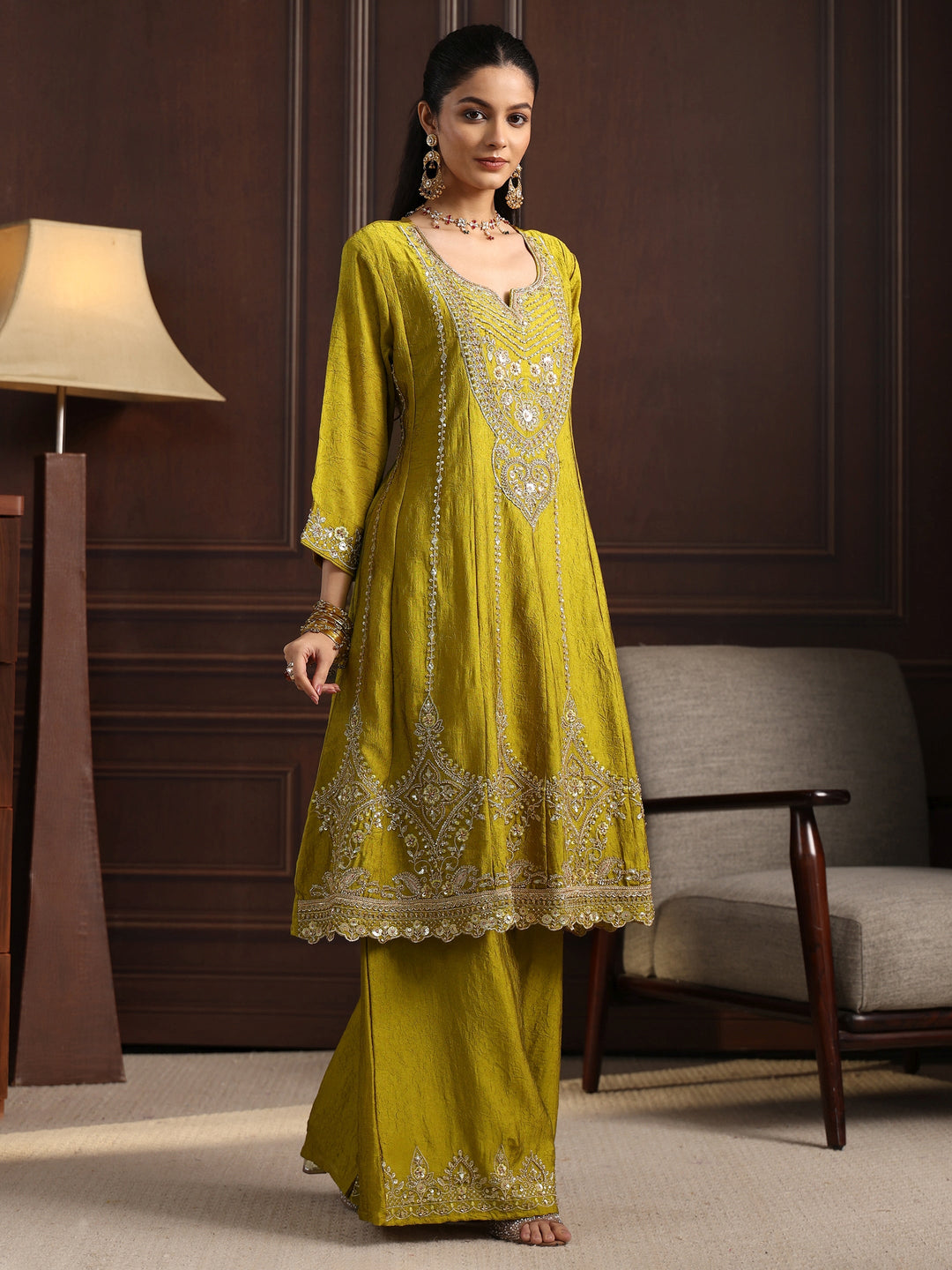  Libas Art Green Floral Embroidered Silk Blend Palazzo Suit Set 