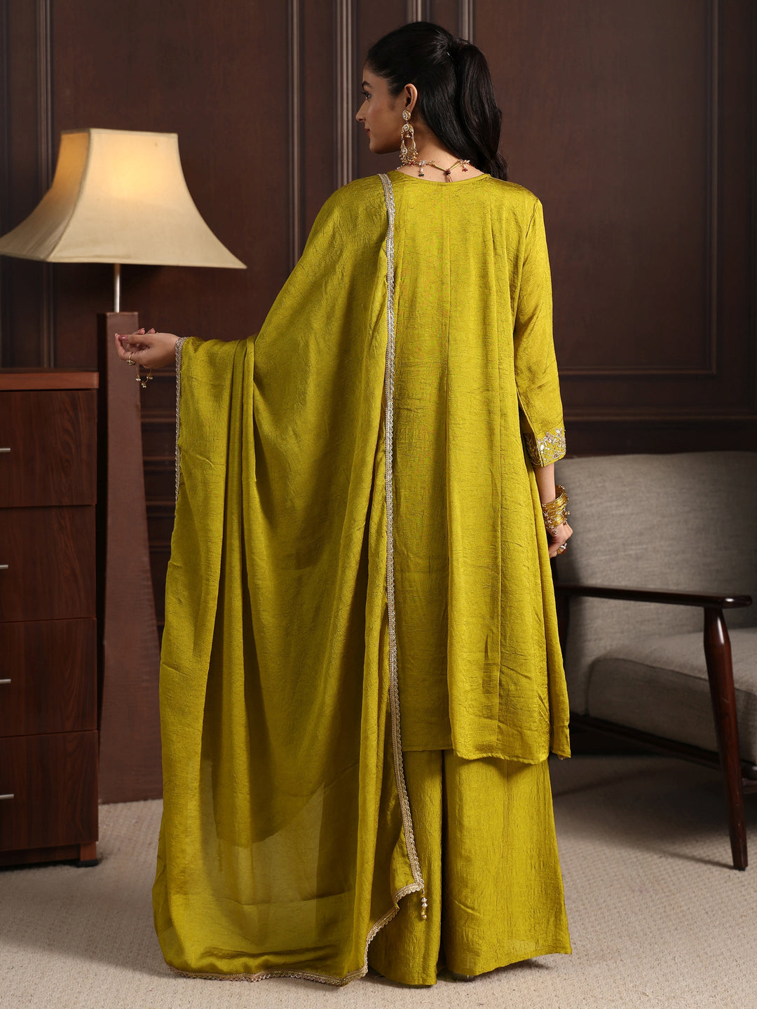 Libas Art Green Floral Embroidered Silk Blend Palazzo Suit Set 