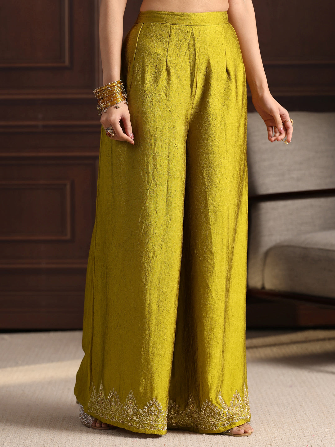  Libas Art Green Floral Embroidered Silk Blend Palazzo Suit Set 