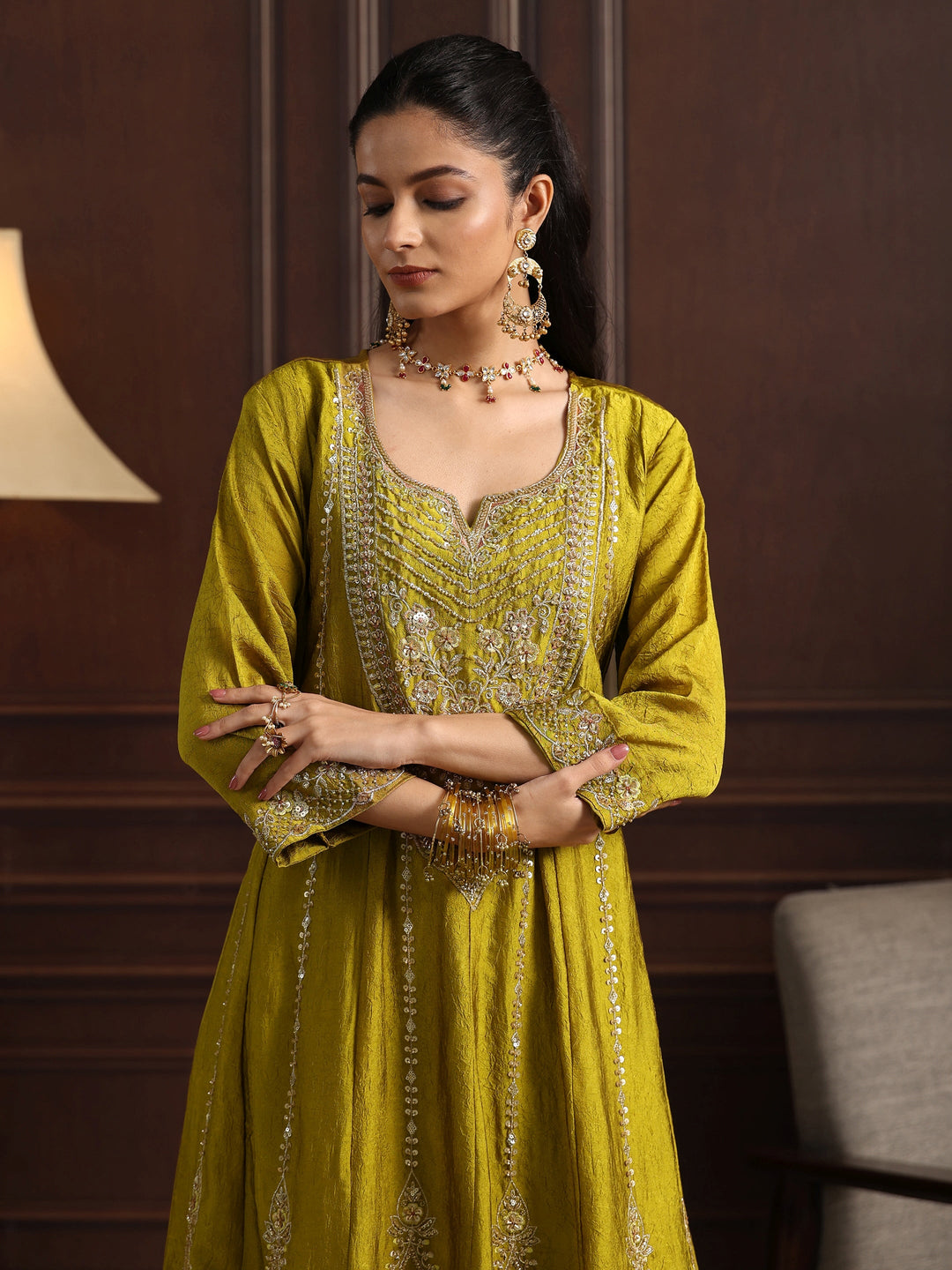  Libas Art Green Floral Embroidered Silk Blend Palazzo Suit Set 