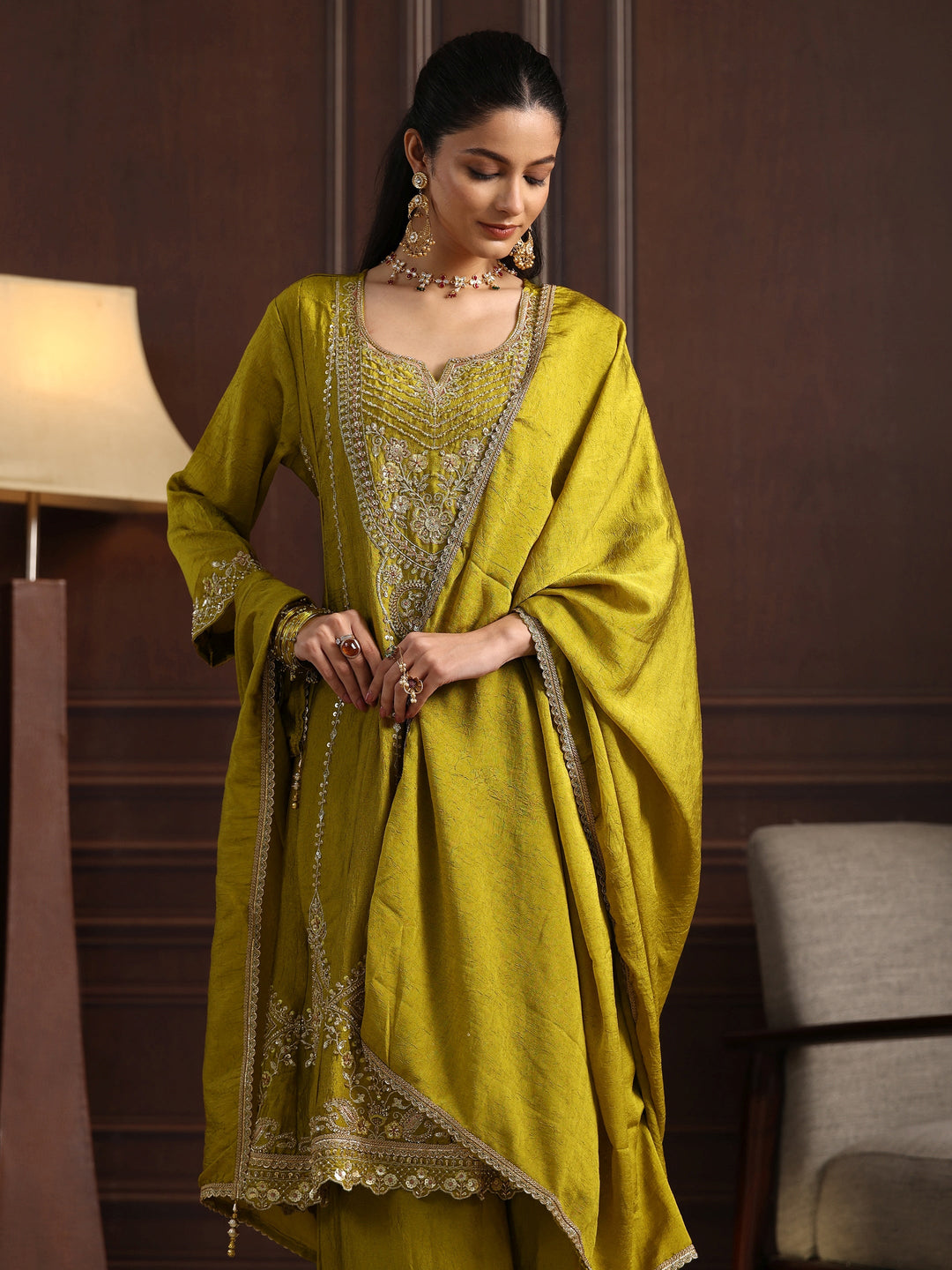 Libas Art Green Floral Embroidered Silk Blend Palazzo Suit Set 