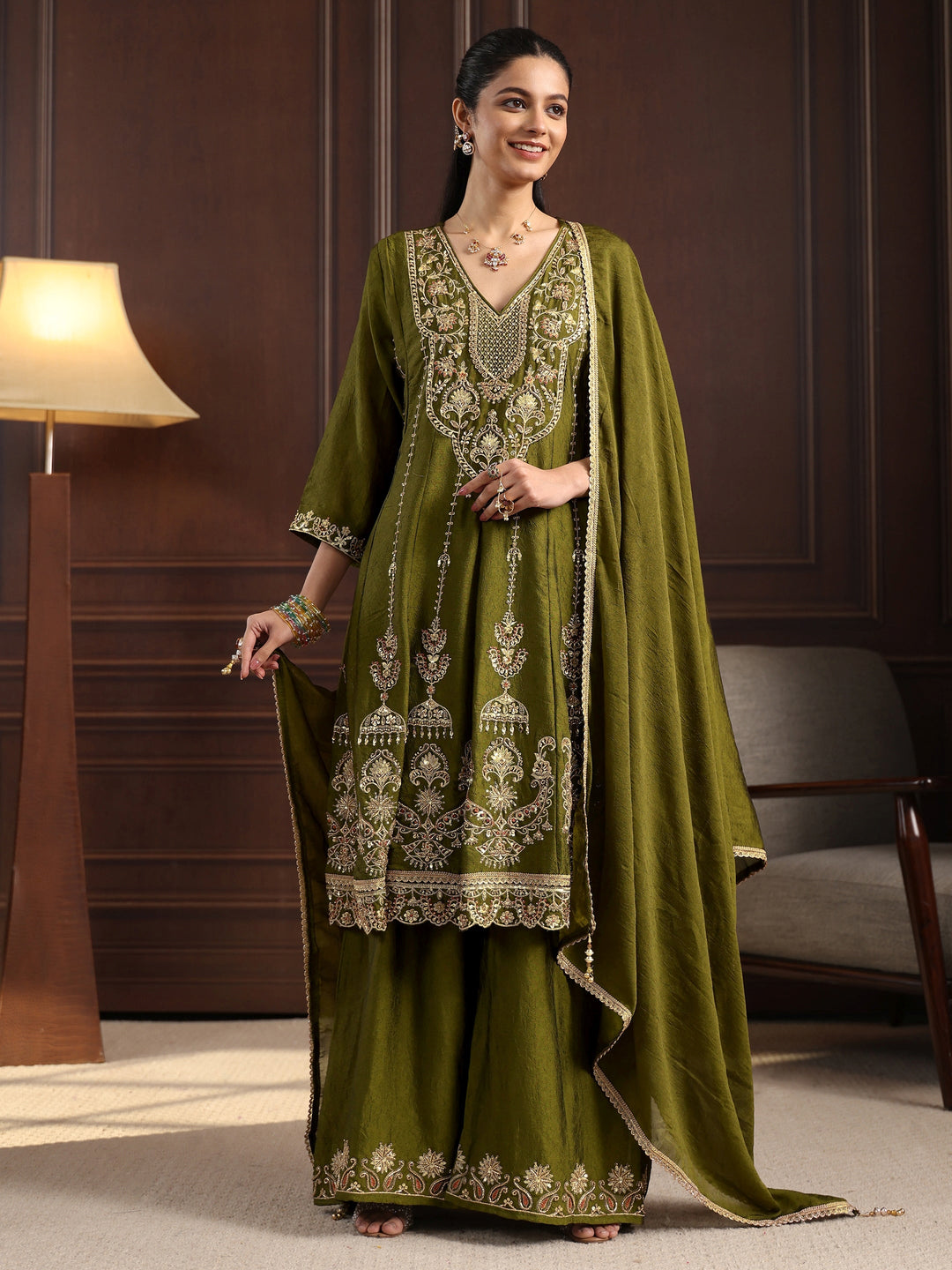  Libas Art Henna Green Floral Embroidered Silk Blend Palazzo Suit Set 