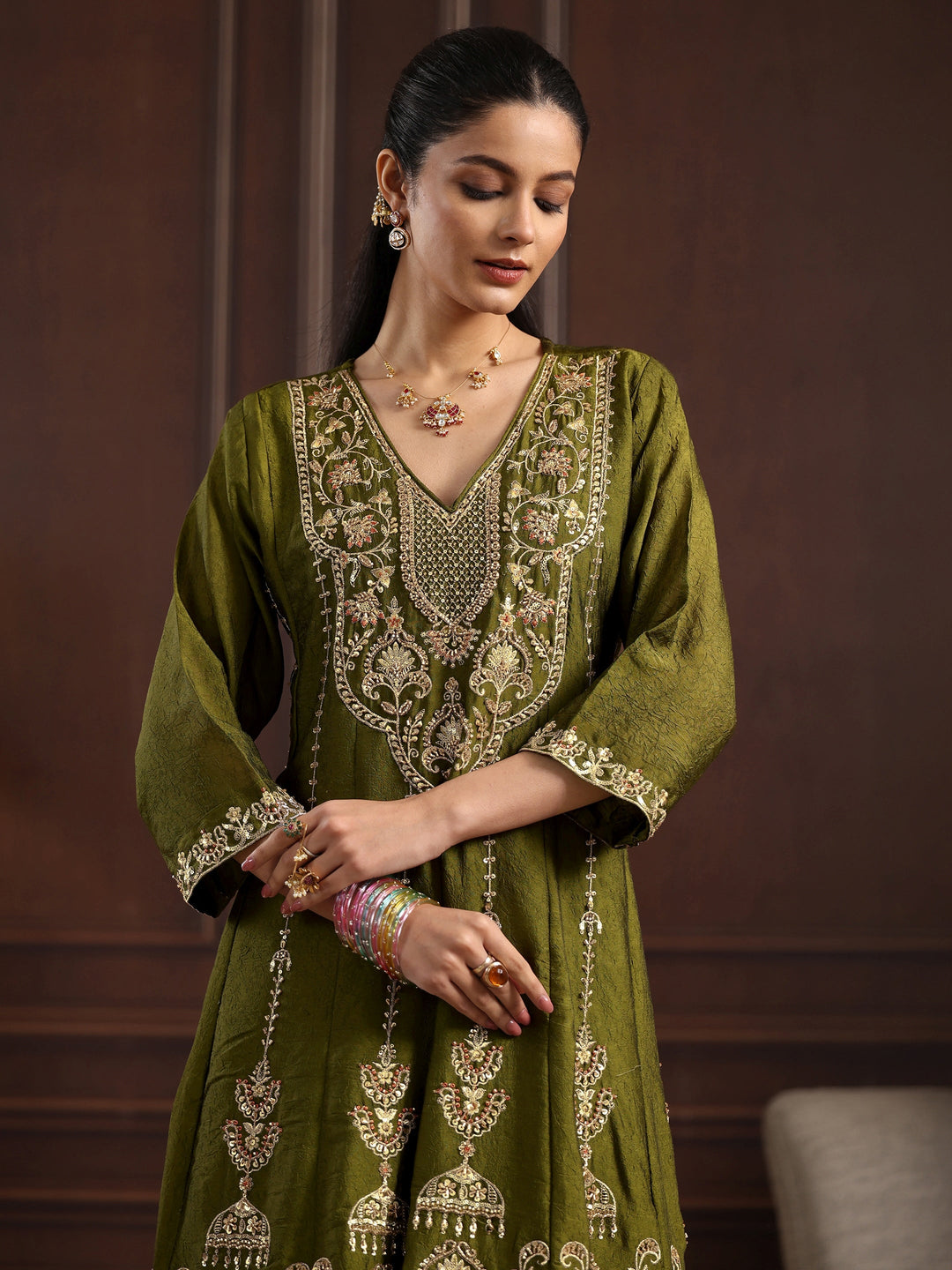  Libas Art Henna Green Floral Embroidered Silk Blend Palazzo Suit Set 