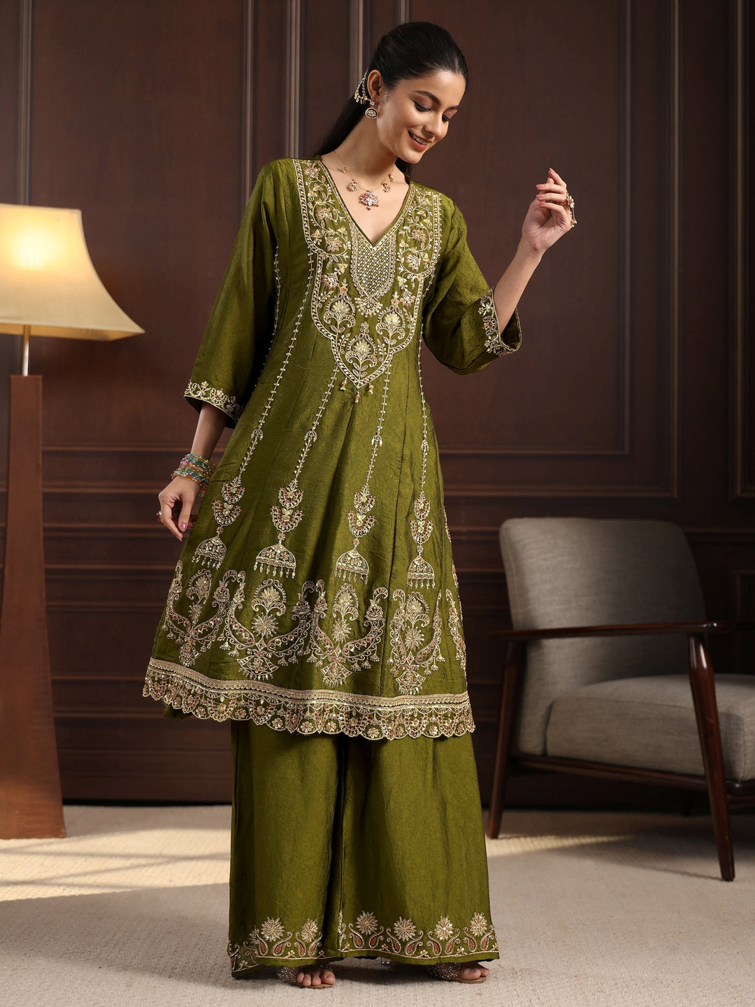  Libas Art Henna Green Floral Embroidered Silk Blend Palazzo Suit Set 