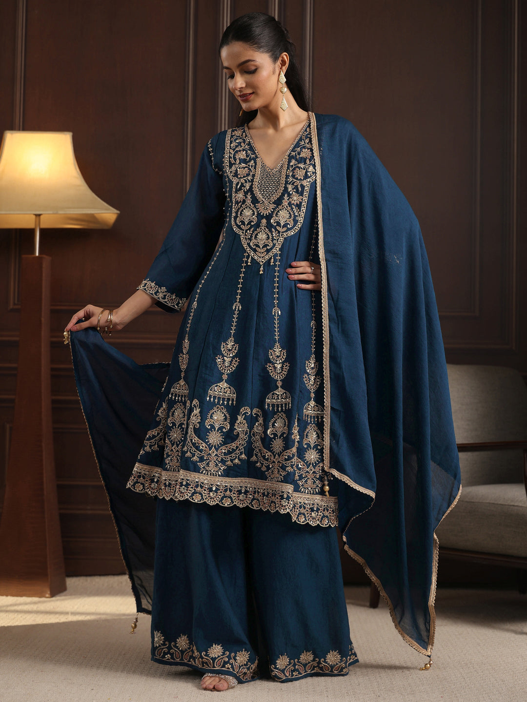  Libas Art Blue Floral Embroidered Silk Blend Palazzo Suit Set 
