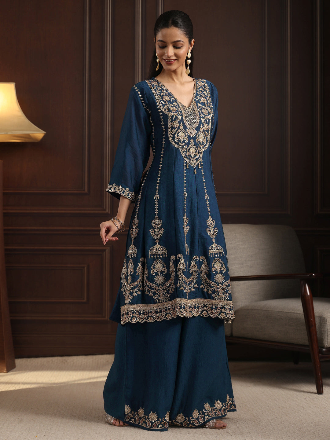  Libas Art Blue Floral Embroidered Silk Blend Palazzo Suit Set 