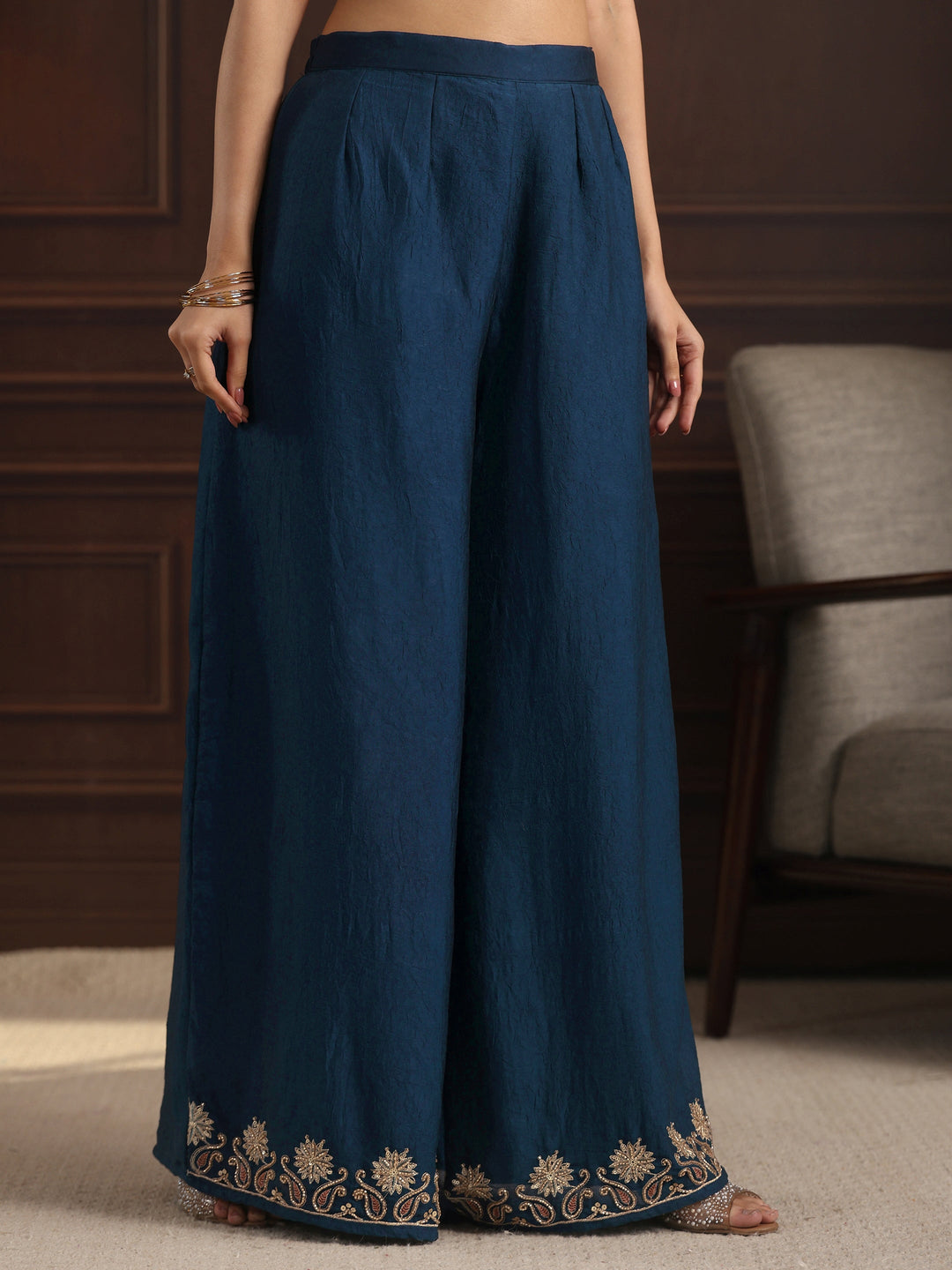  Libas Art Blue Floral Embroidered Silk Blend Palazzo Suit Set 