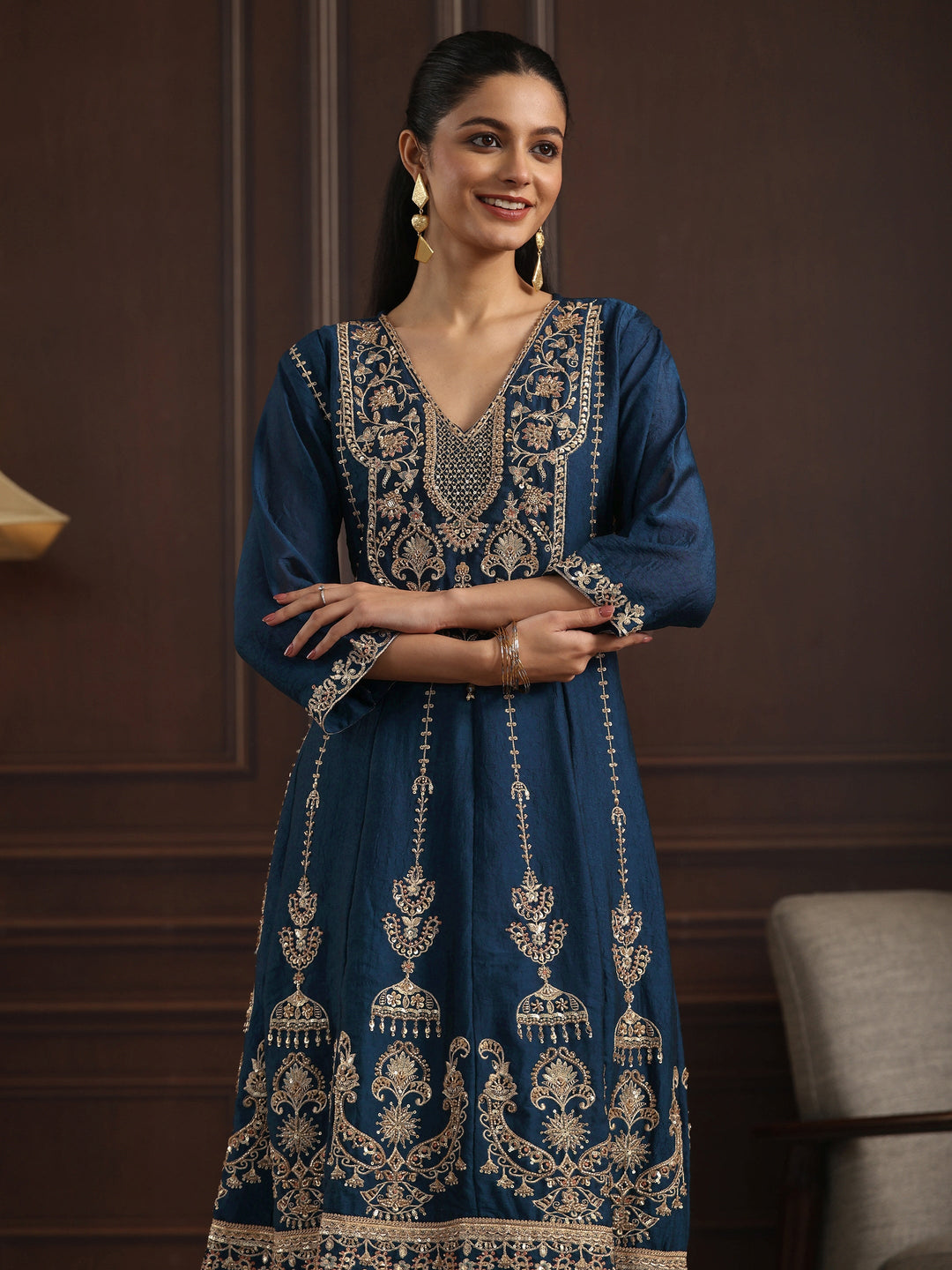  Libas Art Blue Floral Embroidered Silk Blend Palazzo Suit Set 