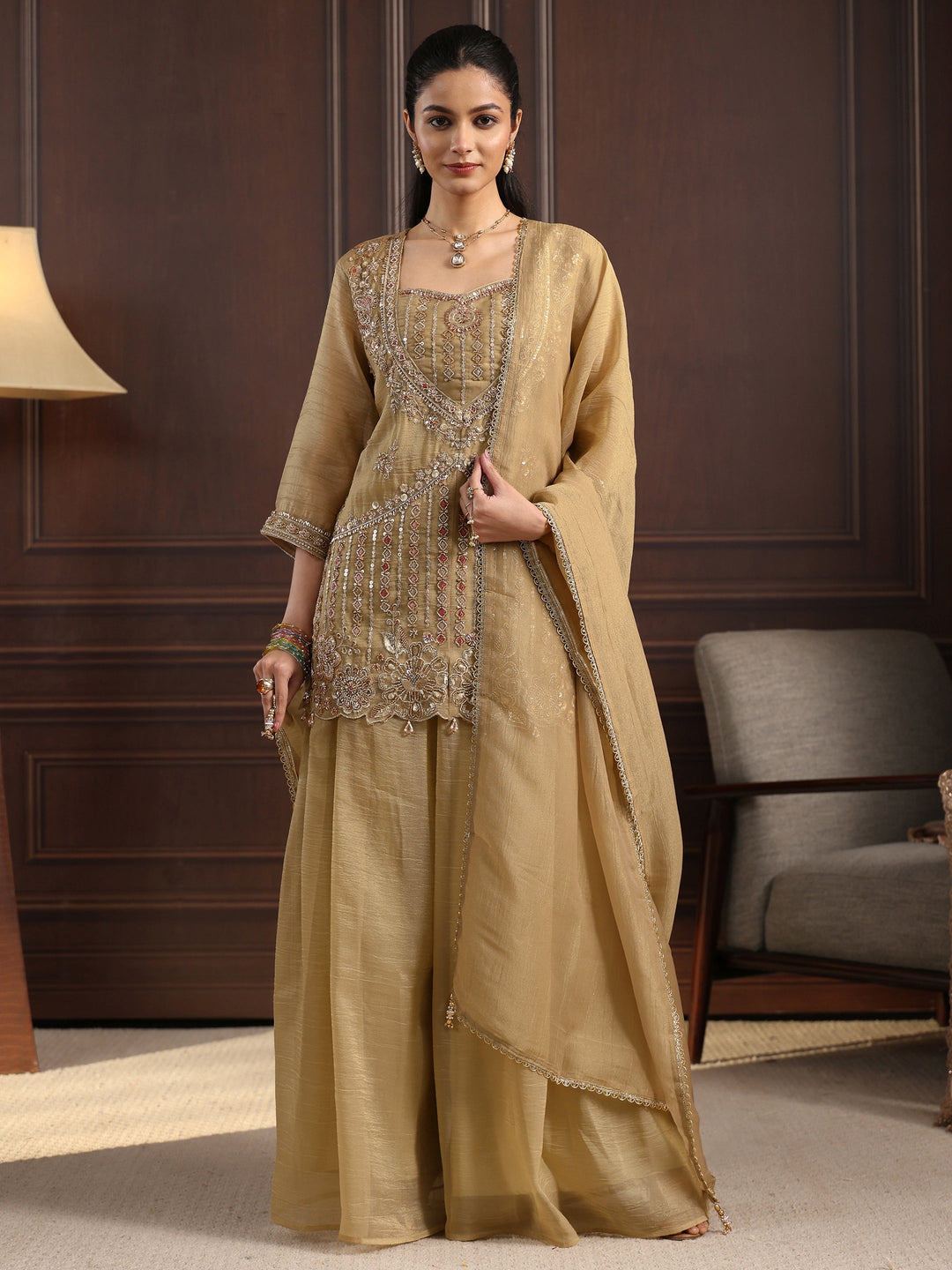  Libas Art Beige Sequin Embellished Tissue Palazzo Suit Set 