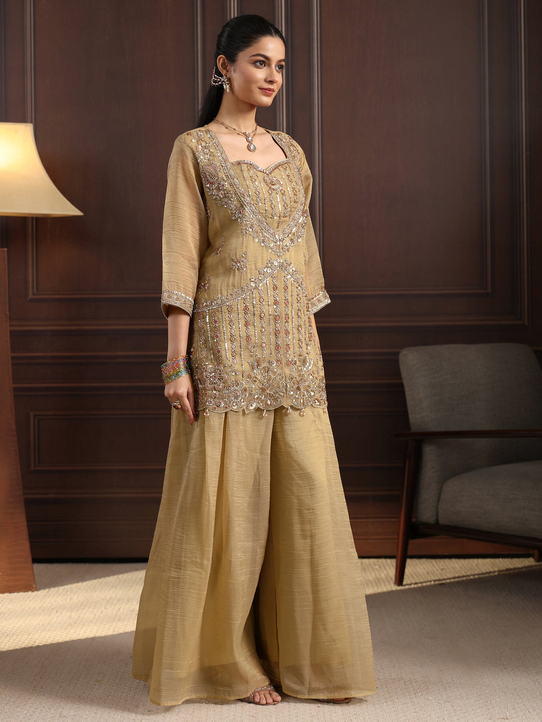  Libas Art Beige Sequin Embellished Tissue Palazzo Suit Set 