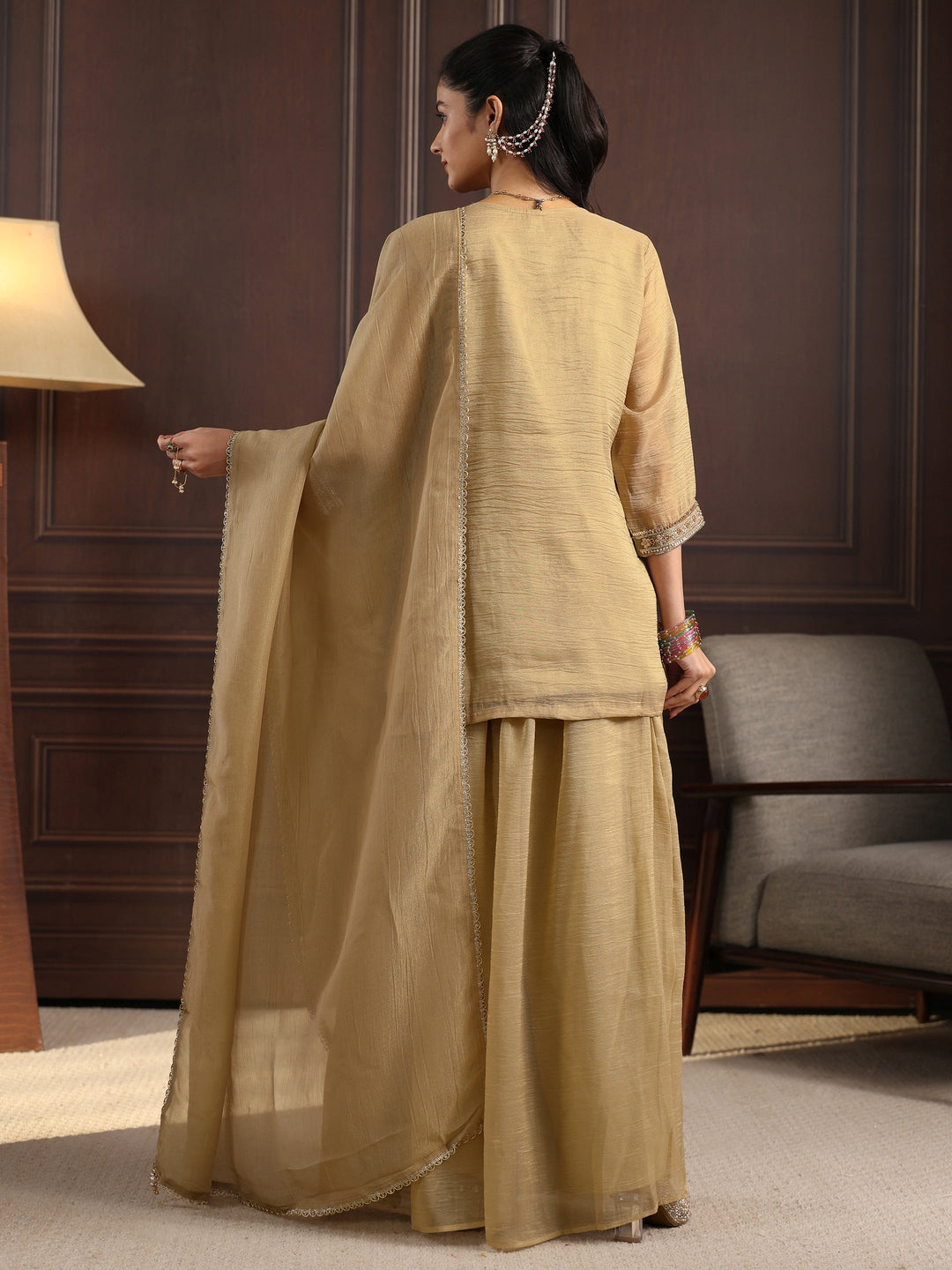  Libas Art Beige Sequin Embellished Tissue Palazzo Suit Set 