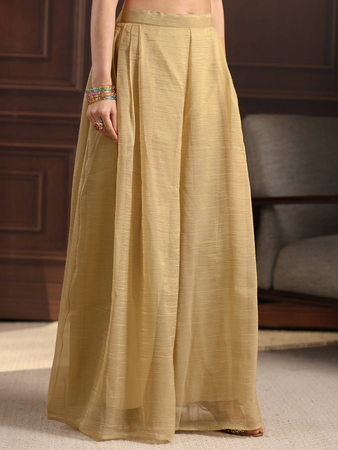  Libas Art Beige Sequin Embellished Tissue Palazzo Suit Set 