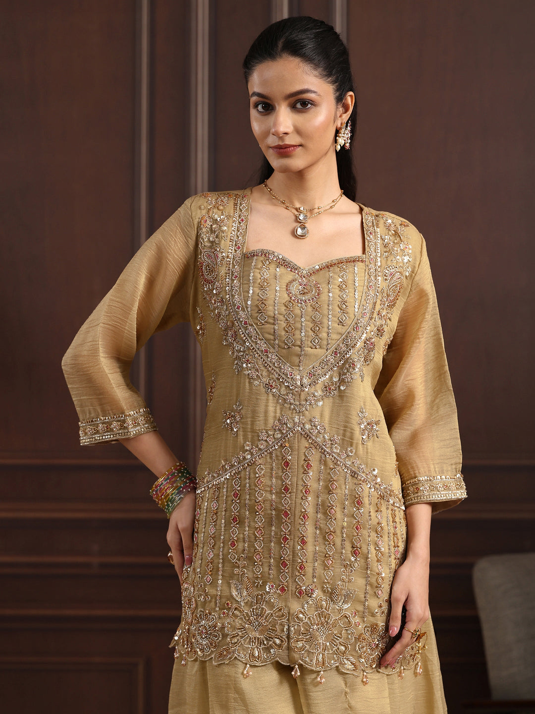  Libas Art Beige Sequin Embellished Tissue Palazzo Suit Set 