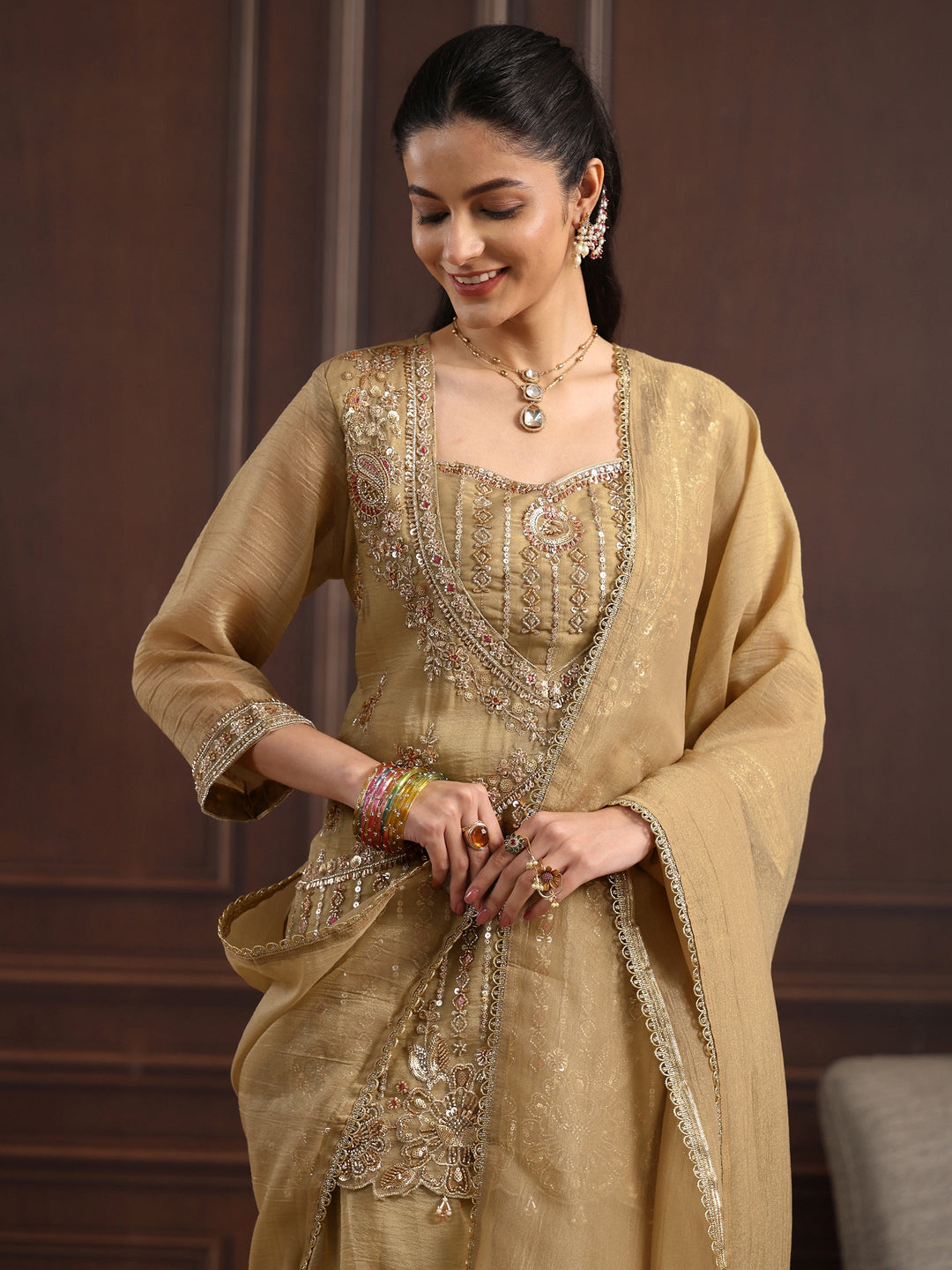  Libas Art Beige Sequin Embellished Tissue Palazzo Suit Set 